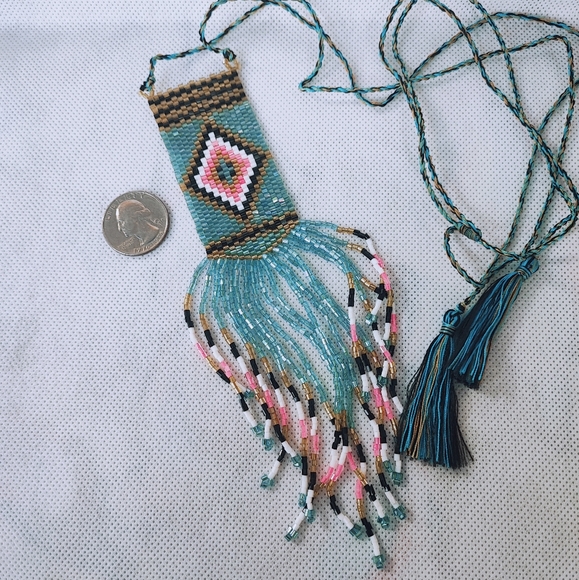 Light Blue Pink Black White Seed Bead Vintage Corded Slide Necklace Loom Work - Picture 6 of 12